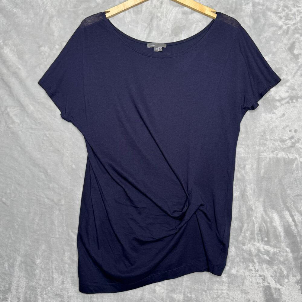 VINCE Top Womens XS Dark Blue Short Sleeve Pima Cotton Modal Knot Quiet Luxury